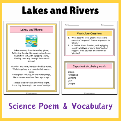 Lakes and Rivers | Science Poem Reading Comprehension Activity