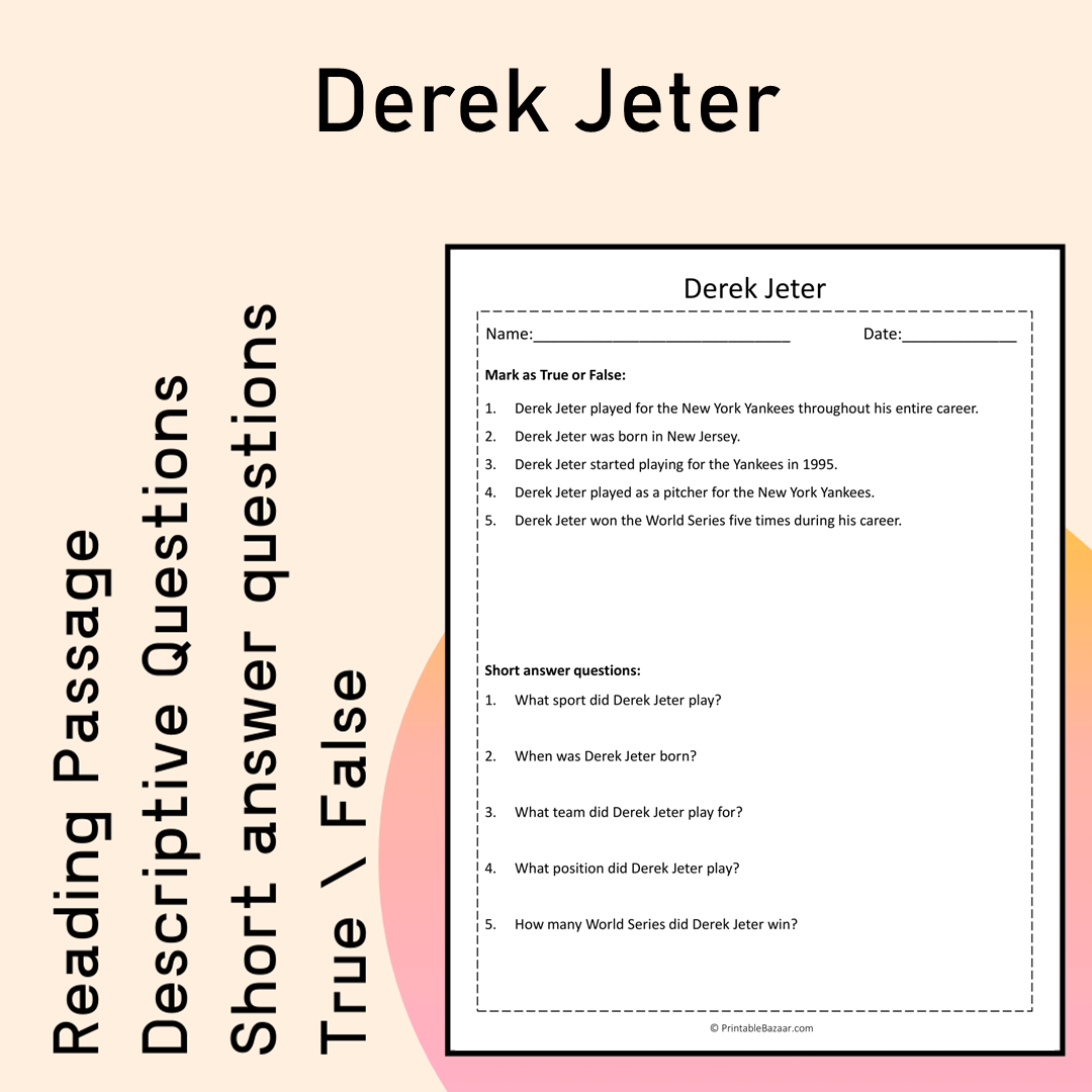 Derek Jeter | Reading Comprehension Passage Printable Activity