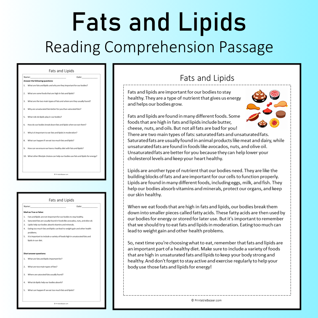 Fats and Lipids | Reading Comprehension Passage Printable Worksheet