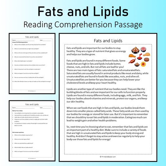 Fats and Lipids | Reading Comprehension Passage Printable Worksheet