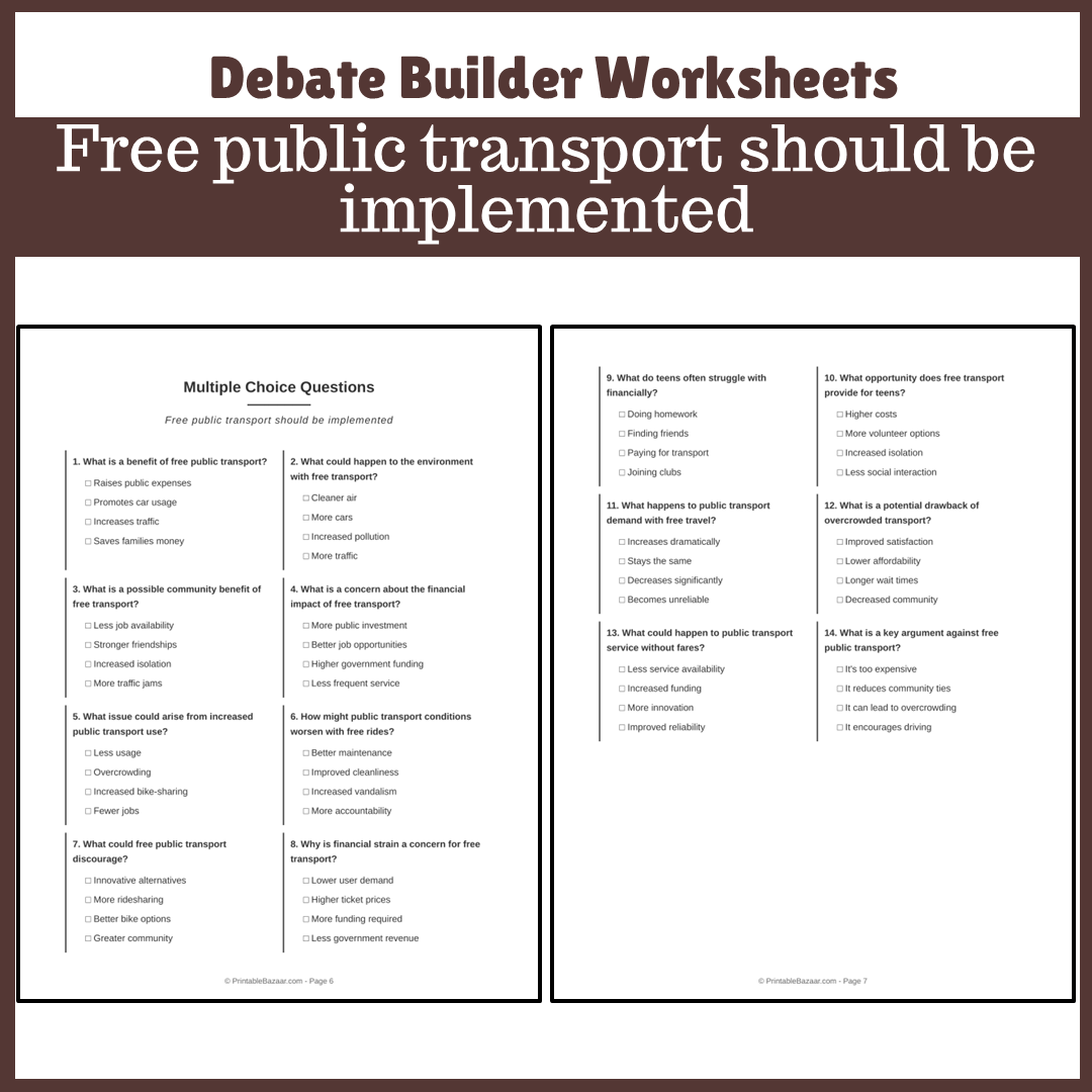 Free public transport should be implemented | Favour and Against Worksheet Printable Activity