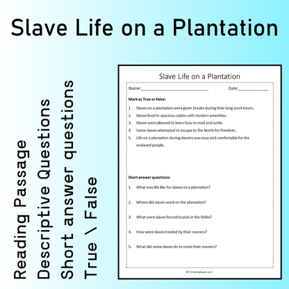 Slave Life on a Plantation | Reading Comprehension Passage Printable Worksheet