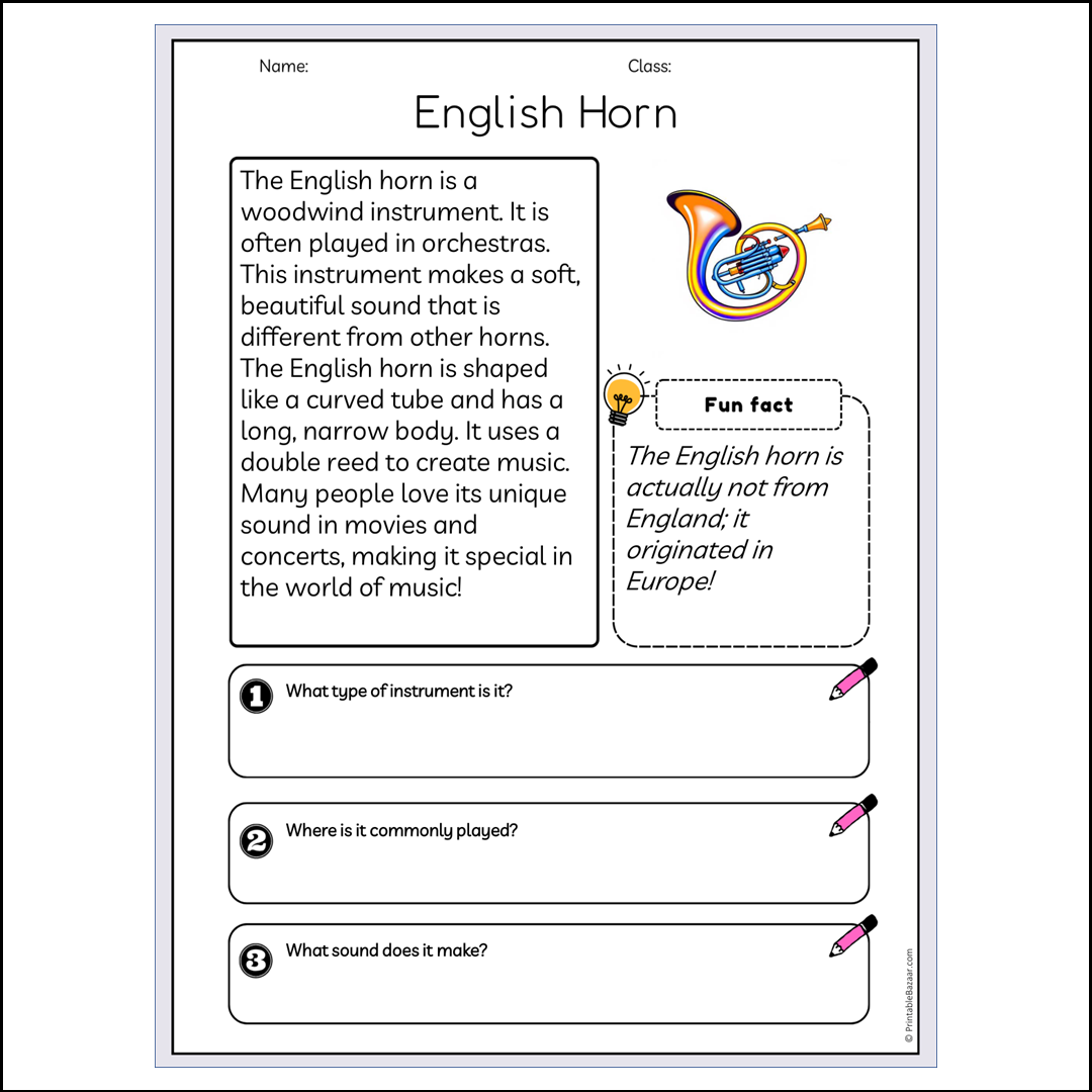 English Horn | Reading Passage Comprehension Questions Writing Facts Worksheet