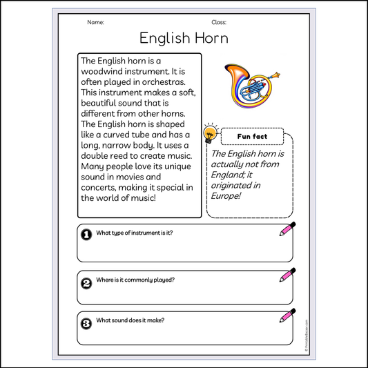 English Horn | Reading Passage Comprehension Questions Writing Facts Worksheet