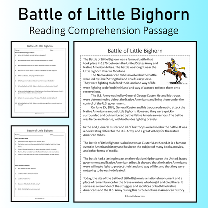 Battle of Little Bighorn | Reading Comprehension Passage Printable Worksheet