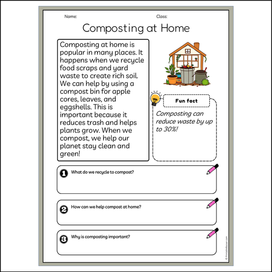 Composting at Home | Reading Passage Comprehension Questions Writing Facts Worksheet