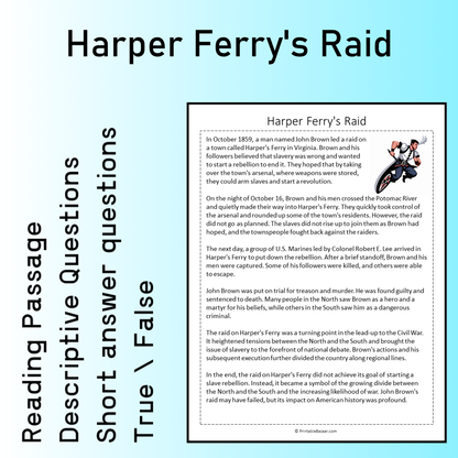 Harper Ferry's Raid | Reading Comprehension Passage Printable Worksheet