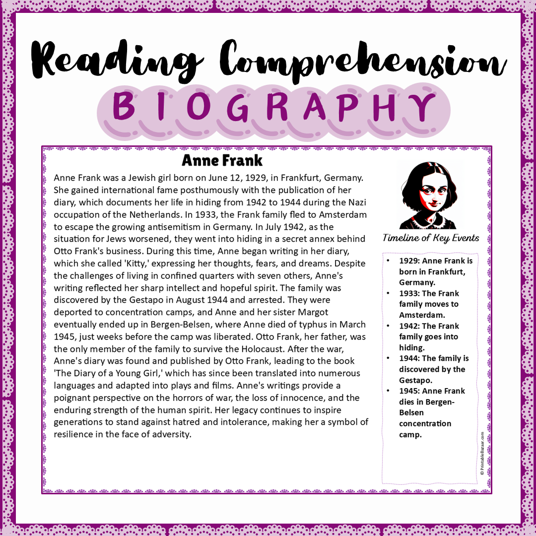 Anne Frank | Biography Reading Comprehension and Questions Worksheet