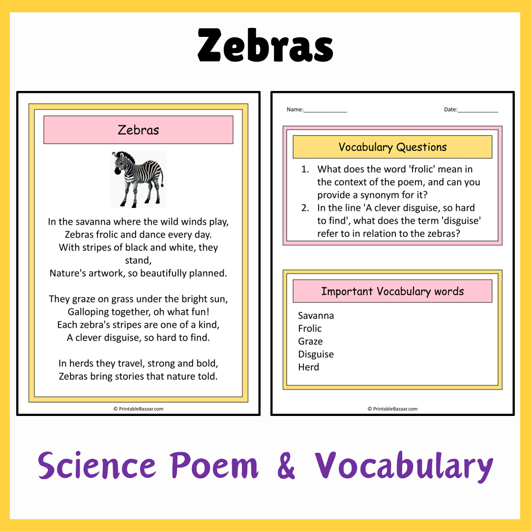 Zebras | Science Poem Reading Comprehension Activity