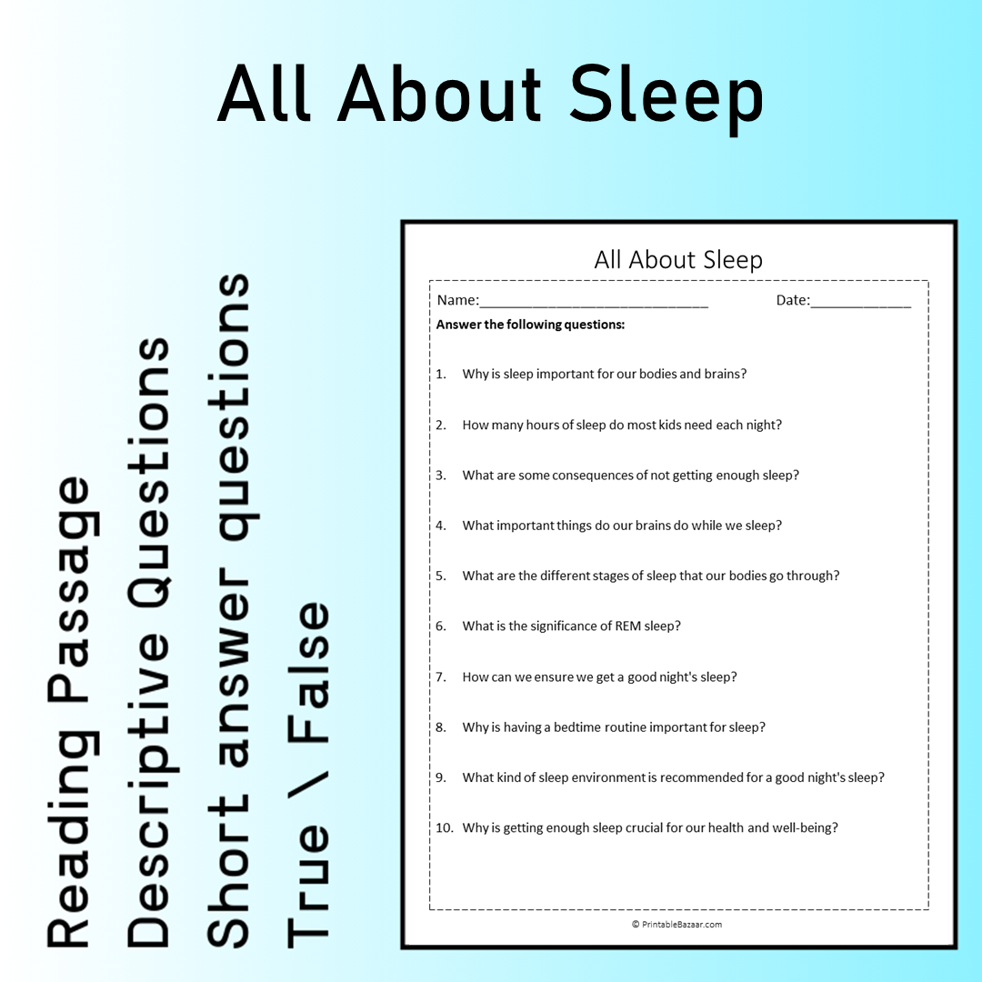 All About Sleep | Reading Comprehension Passage Printable Worksheet