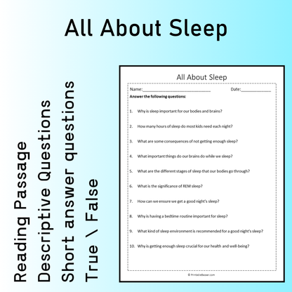 All About Sleep | Reading Comprehension Passage Printable Worksheet