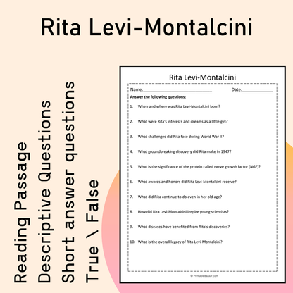 Rita Levi-Montalcini | Reading Comprehension Passage Printable Activity