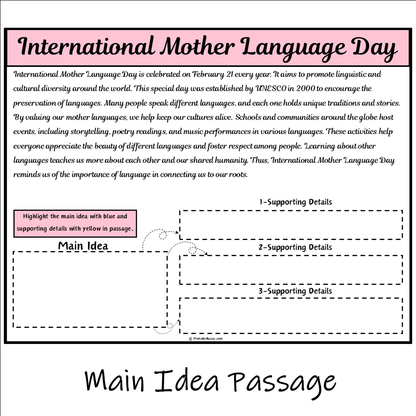 International Mother Language Day | Main Idea and Supporting Details Reading Passage and Questions