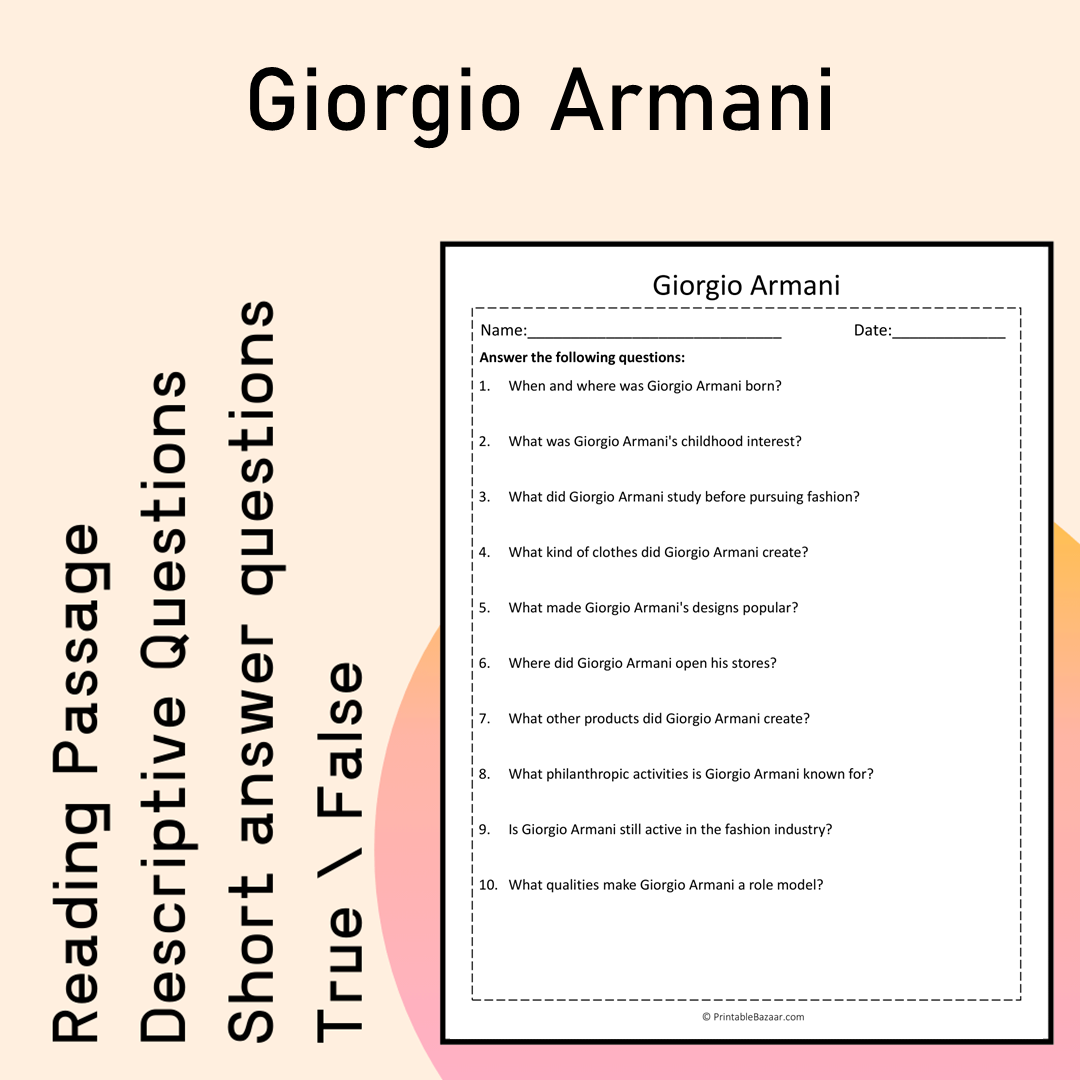 Giorgio Armani | Reading Comprehension Passage Printable Activity