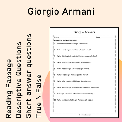 Giorgio Armani | Reading Comprehension Passage Printable Activity