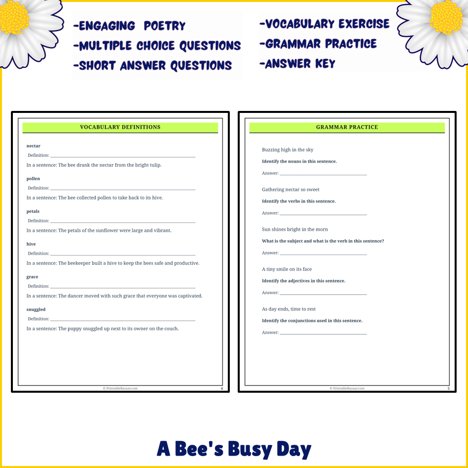 A Bee's Busy Day | Poem Grammar Worksheet Printable Activity