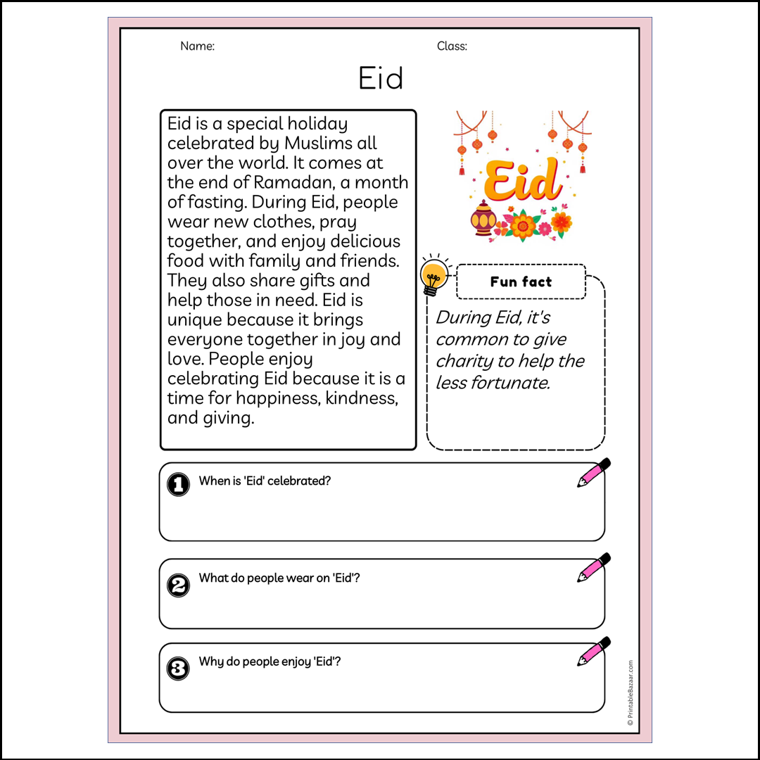 Eid | Reading Passage Comprehension Questions Writing Facts Worksheet