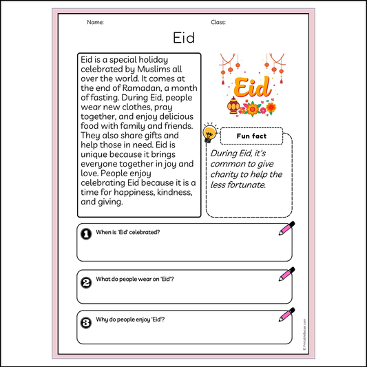 Eid | Reading Passage Comprehension Questions Writing Facts Worksheet