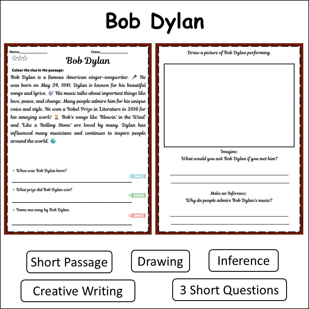Bob Dylan | Short Reading Comprehension Creative Worksheet