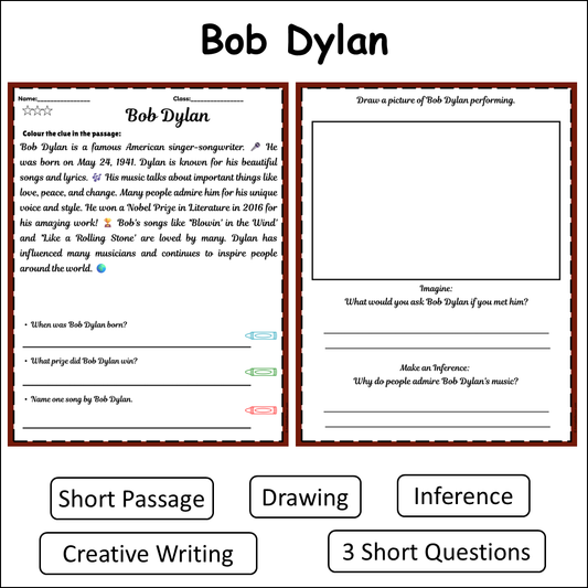 Bob Dylan | Short Reading Comprehension Creative Worksheet