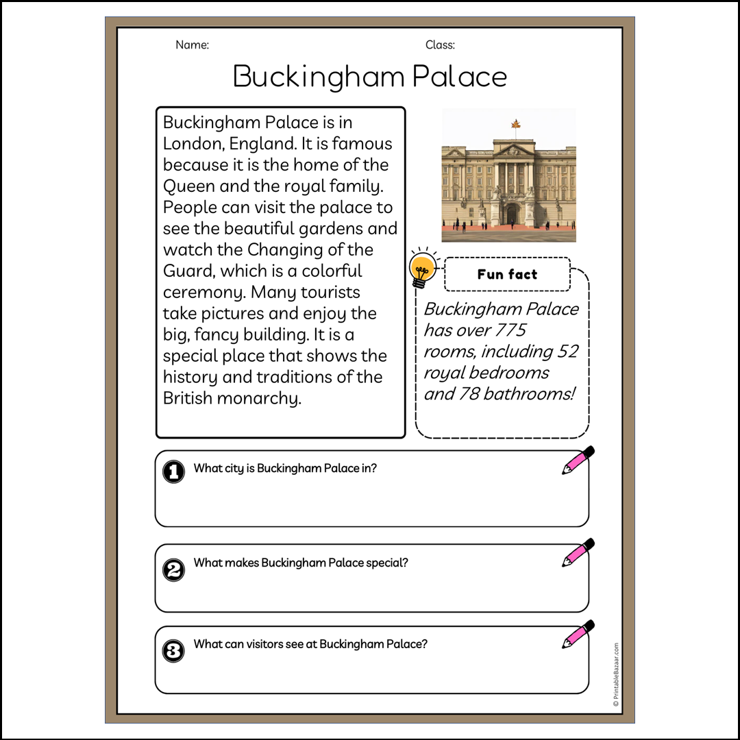 Buckingham Palace | Reading Passage Comprehension Questions Writing Facts Worksheet