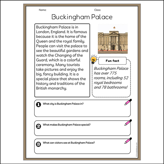 Buckingham Palace | Reading Passage Comprehension Questions Writing Facts Worksheet