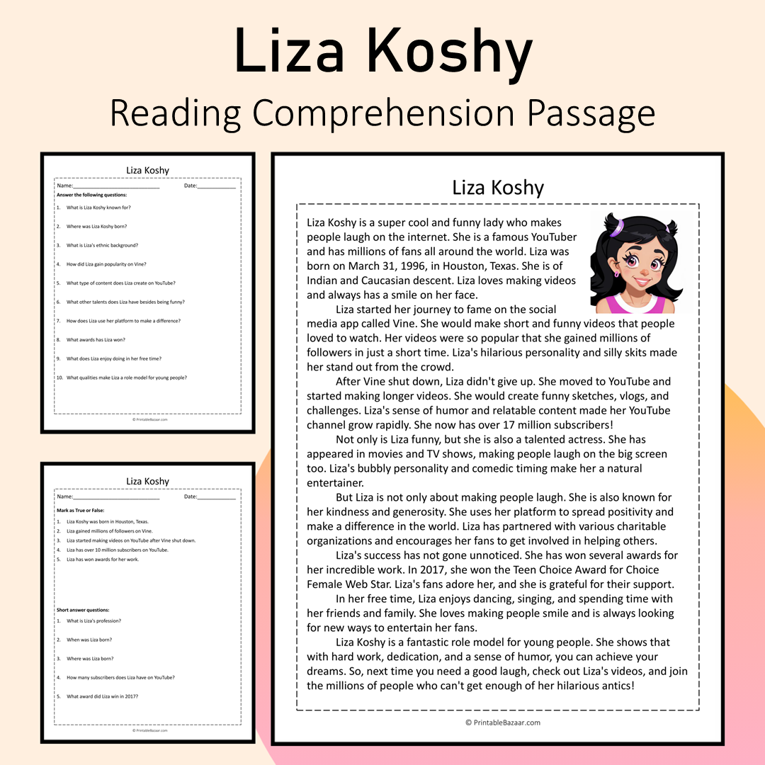 Liza Koshy | Reading Comprehension Passage Printable Activity