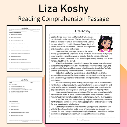 Liza Koshy | Reading Comprehension Passage Printable Activity