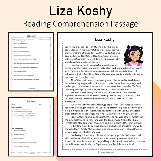 Liza Koshy | Reading Comprehension Passage Printable Activity
