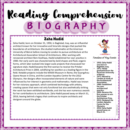 Zaha Hadid | Biography Reading Comprehension and Questions Worksheet