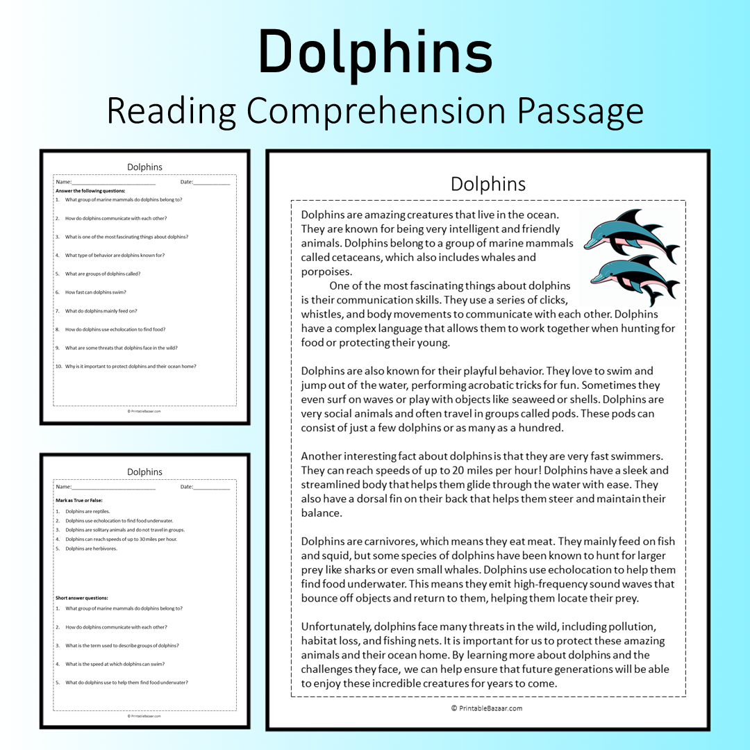 Dolphins | Reading Comprehension Passage Printable Worksheet