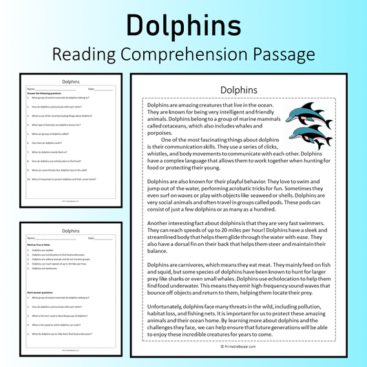 Dolphins | Reading Comprehension Passage Printable Worksheet