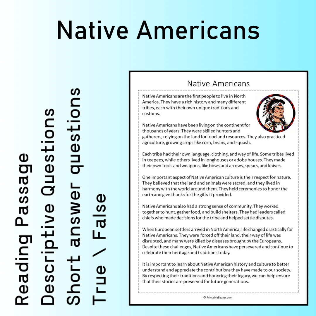Native Americans | Reading Comprehension Passage Printable Worksheet