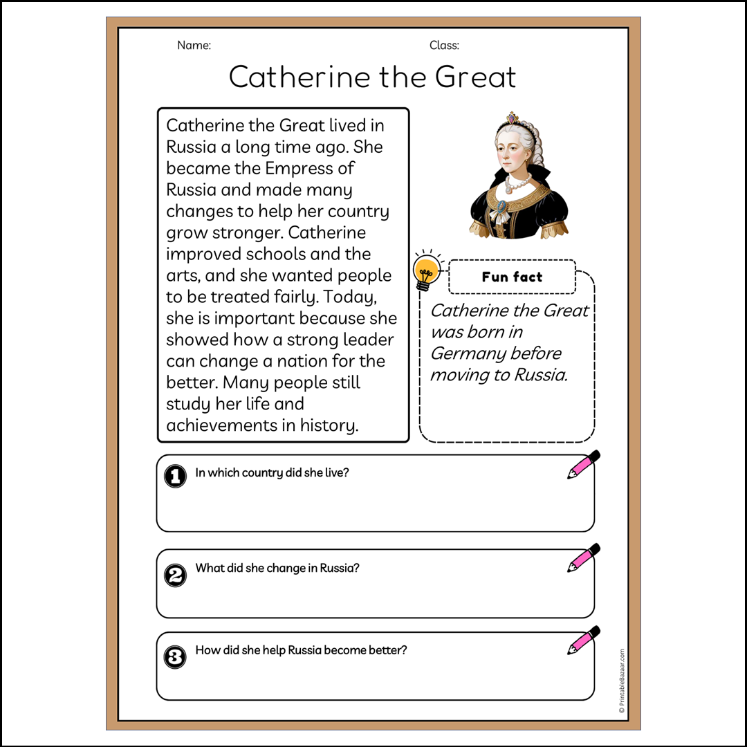 Catherine the Great | Reading Passage Comprehension Questions Writing Facts Worksheet