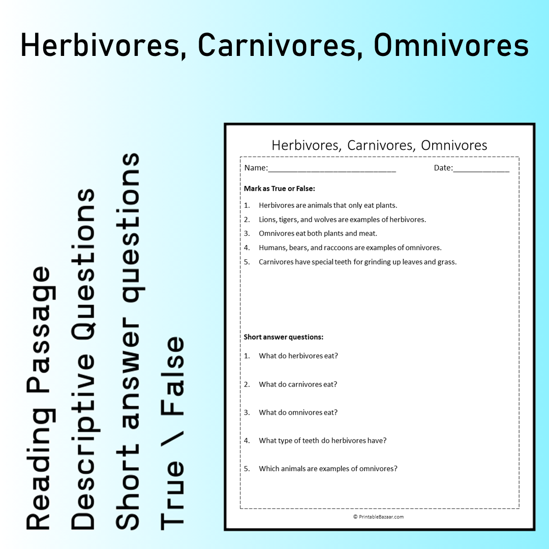Herbivores, Carnivores, Omnivores | Reading Comprehension Passage Printable Worksheet
