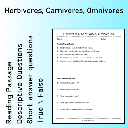 Herbivores, Carnivores, Omnivores | Reading Comprehension Passage Printable Worksheet