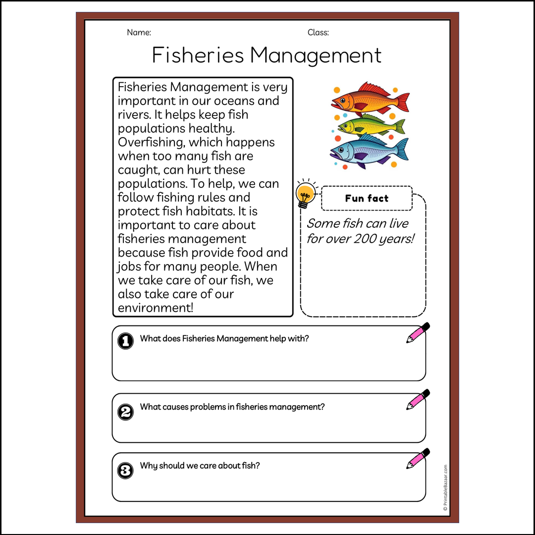 Fisheries Management | Reading Passage Comprehension Questions Writing Facts Worksheet