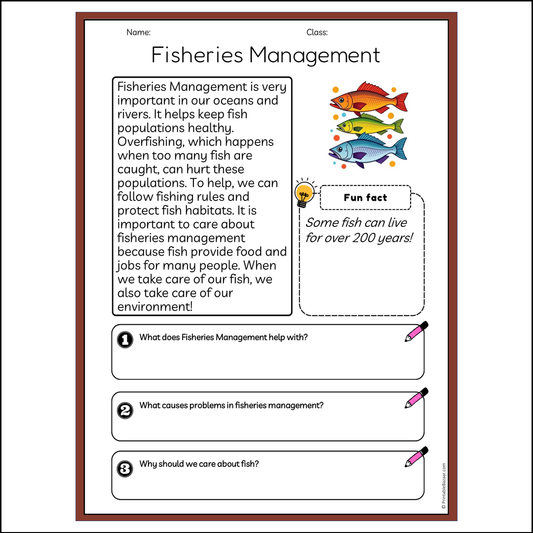 Fisheries Management | Reading Passage Comprehension Questions Writing Facts Worksheet