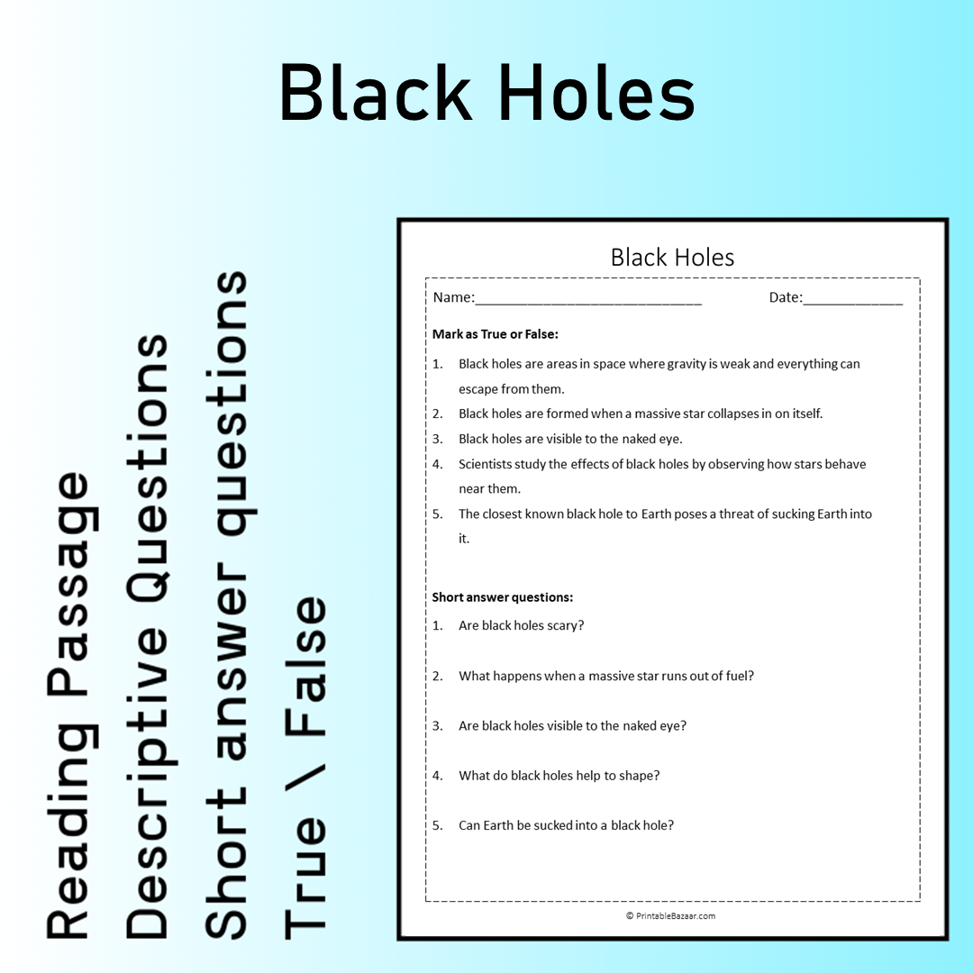 Black Holes | Reading Comprehension Passage Printable Worksheet