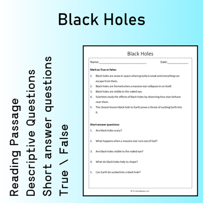 Black Holes | Reading Comprehension Passage Printable Worksheet