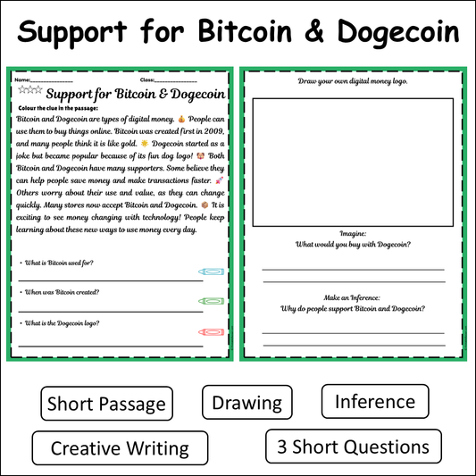 Support for Bitcoin & Dogecoin | Short Reading Comprehension Creative Worksheet