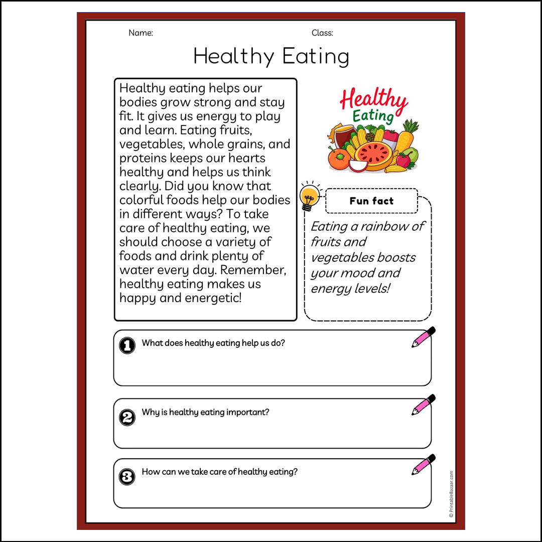 Healthy Eating | Reading Passage Comprehension Questions Writing Facts Worksheet