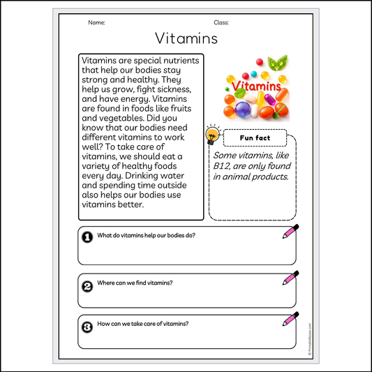 Vitamins | Reading Passage Comprehension Questions Writing Facts Worksheet