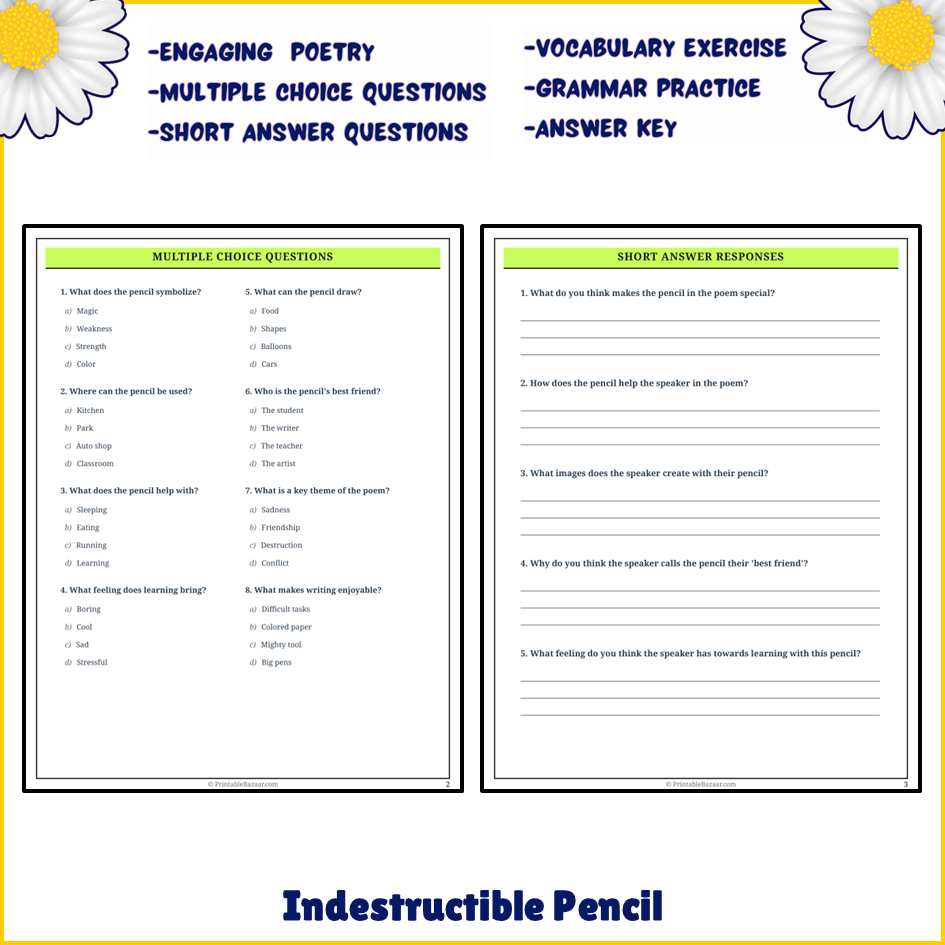 Indestructible Pencil | Poem Grammar Worksheet Printable Activity