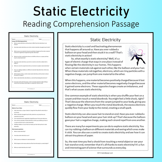 Static Electricity | Reading Comprehension Passage Printable Worksheet