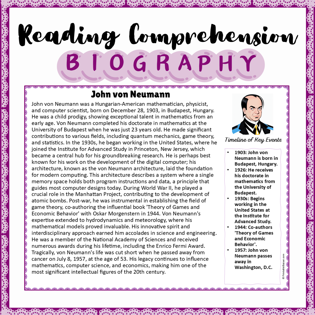 John von Neumann | Biography Reading Comprehension and Questions Worksheet