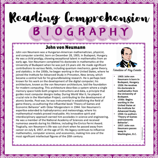 John von Neumann | Biography Reading Comprehension and Questions Worksheet