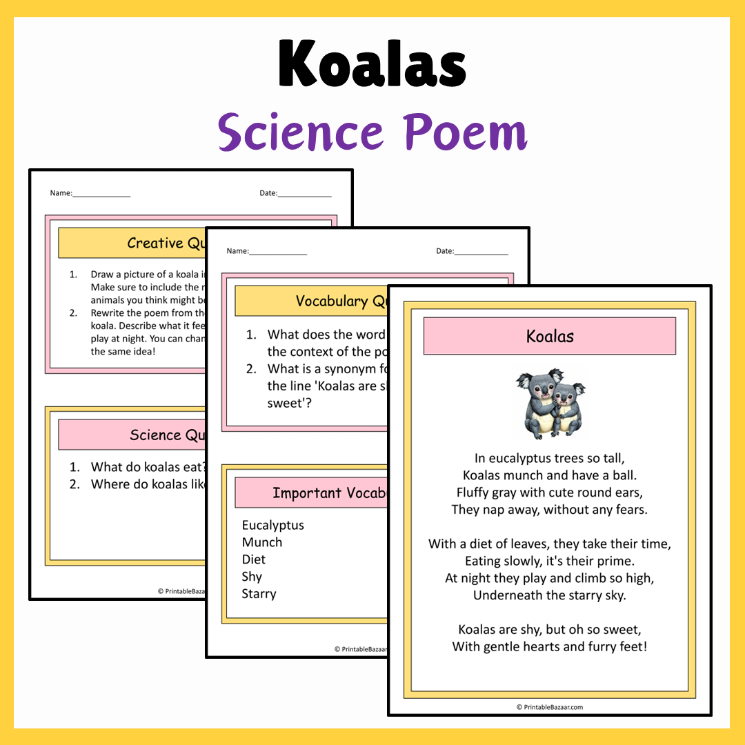 Koalas | Science Poem Reading Comprehension Activity