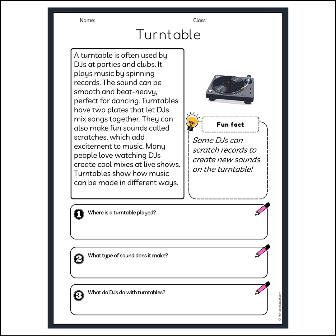 Turntable | Reading Passage Comprehension Questions Writing Facts Worksheet