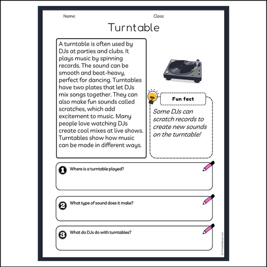 Turntable | Reading Passage Comprehension Questions Writing Facts Worksheet